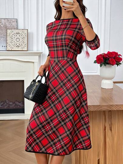 EMERY ROSE Women's Christmas Plaid Waist Cinched Mid-Length Dress Plaid Dress Women Checkered Dress Plaid Red Plaid Dress Women Dress Plaid Women Dress Fall Dresses,Red Dress,Christmas Dress,New Year Dress,Red Dresses For Women,Christmas Dresses For Women New Year Dress New Year Clothes