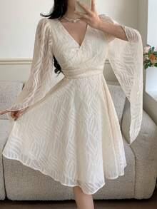 Feyla Women's Elegant Overlap Collar Split Sleeve Waist Cinched Dress, Autumn - Apricot - View 4