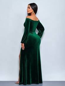 SOLERSUN 女士时尚优雅纯色单肩开衩长裙天鹅绒派对礼服晚礼服、圣诞礼服、新年礼服 - 墨綠色 - 查看 2