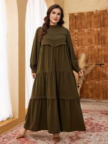 Al Najma Plus Size Women Stand Collar Long Sleeve Split Loose Casual Dress, Suitable For Spring And Autumn Daily And Outdoor Activities - Olive Green - View 6