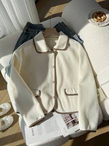 Resyla Women's Casual Contrast Trim Button Front Collared Cardigan, Autumn - Beige - View 3