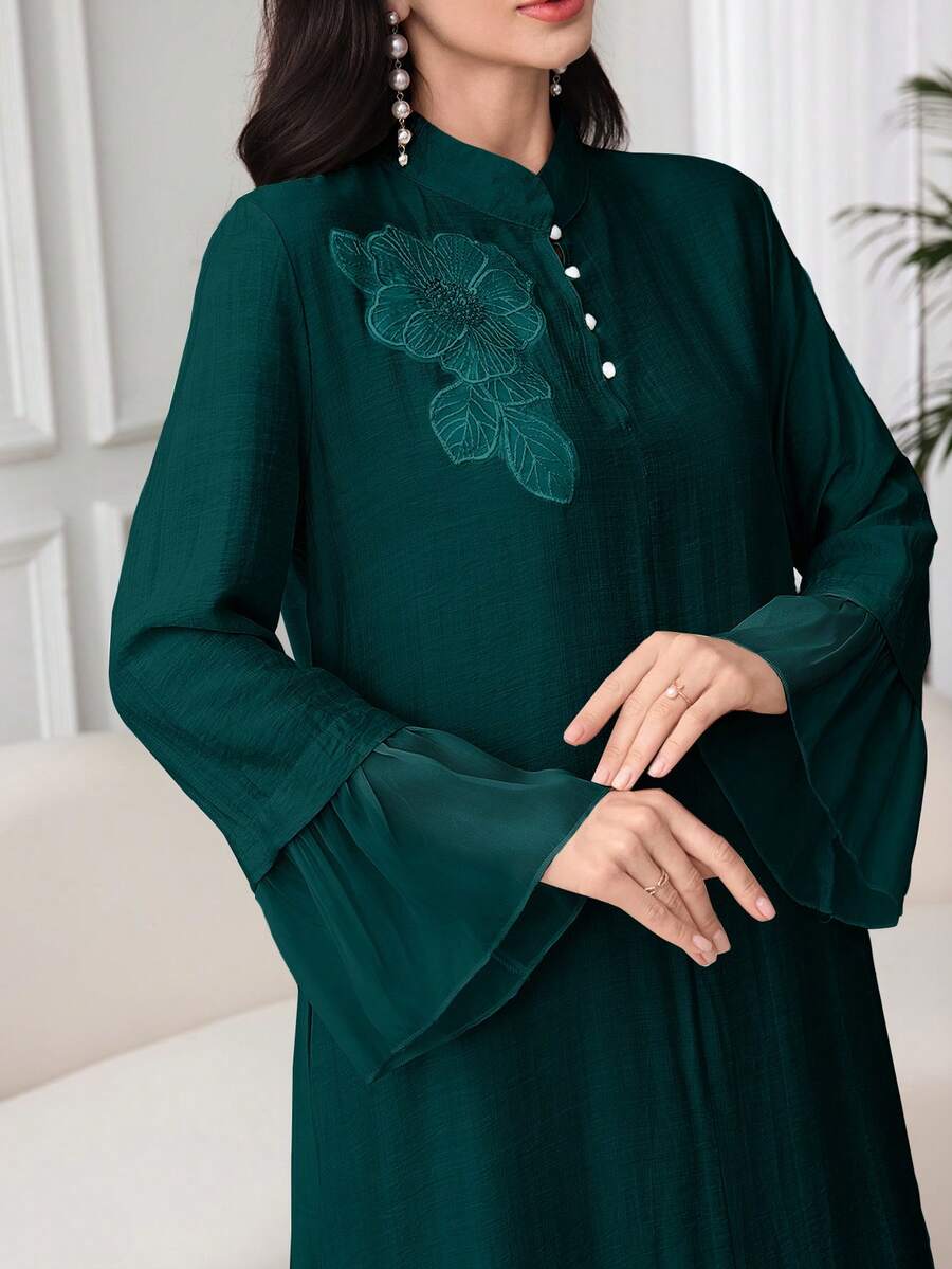 Al Najma 女式宽松长袖连衣裙，带贴花边、立领和网眼拼布