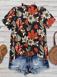 Hourglow 大码夏季休闲树叶印花前开襟纽扣荷叶边短袖衬衫 - 黑色 - 查看 2