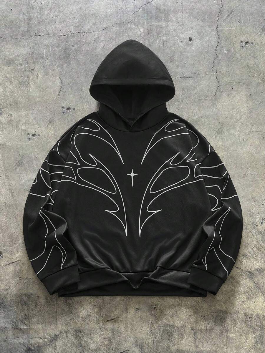 Manfinity NXTstreet 男士休闲印花保暖连帽卫衣,时尚街头风,适合日常通勤,秋冬季 - 黑色 - 查看 1
