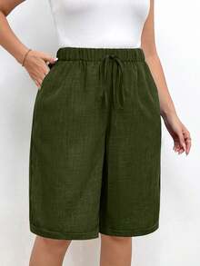 Linhara 大码女式纯色腰带口袋宽松休闲短裤 - 軍綠色 - 查看 6