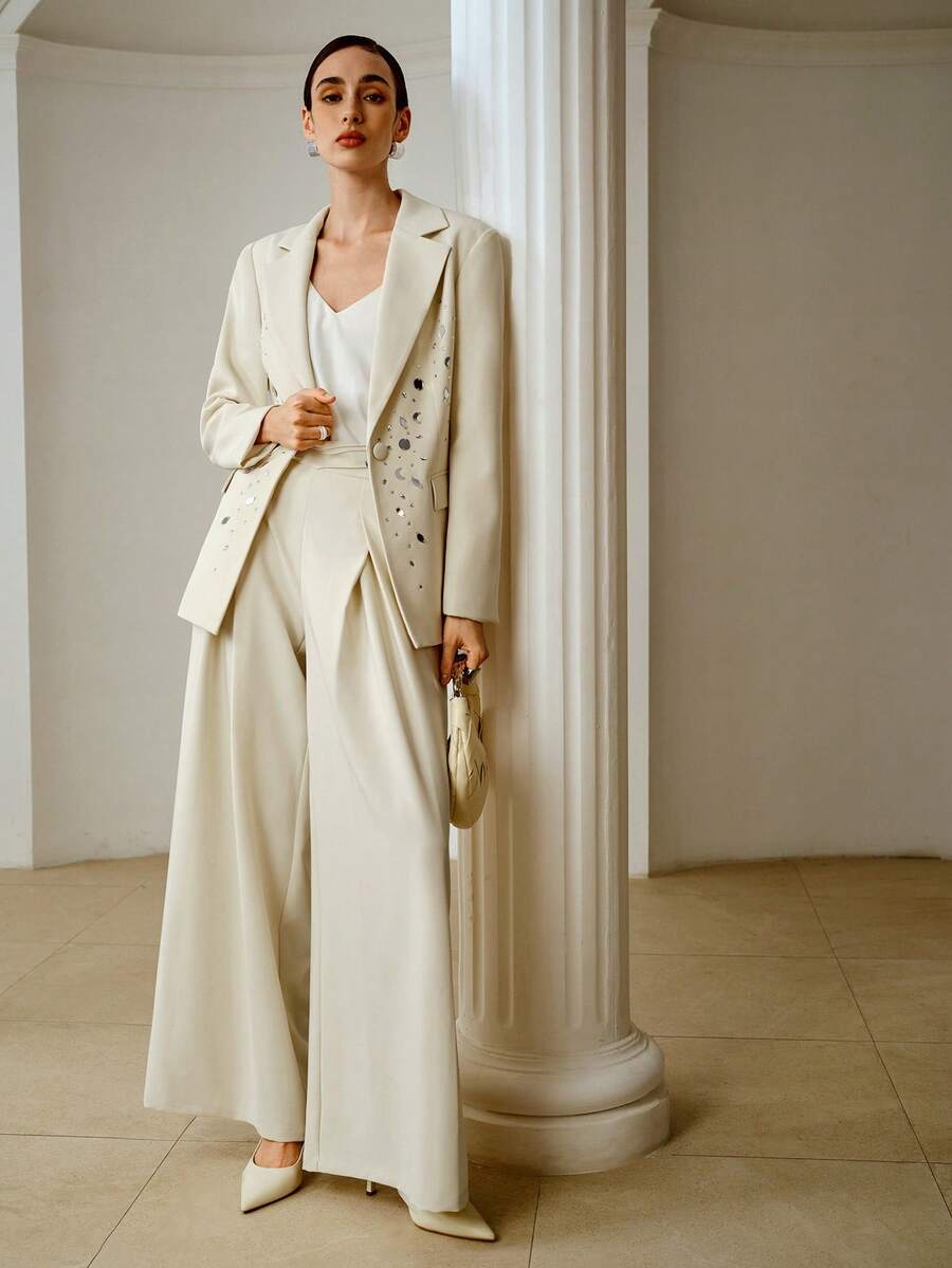 ZEYLAH Metal Buckle Decor Pleated Wide Leg Pants, Spring/Summer - Beige - View 1