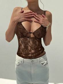 Aloruh Elegant Sexy Lace Sheer Backless Camisole Top, Suitable For Outdoor, Music Concerts, Spring/Summer,Tank Top