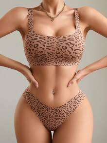 6pcs Women's Casual Comfortable Minimalist Fashion Leopard Print Unlined Wireless Bra And Low-Waist Thong Panty Set