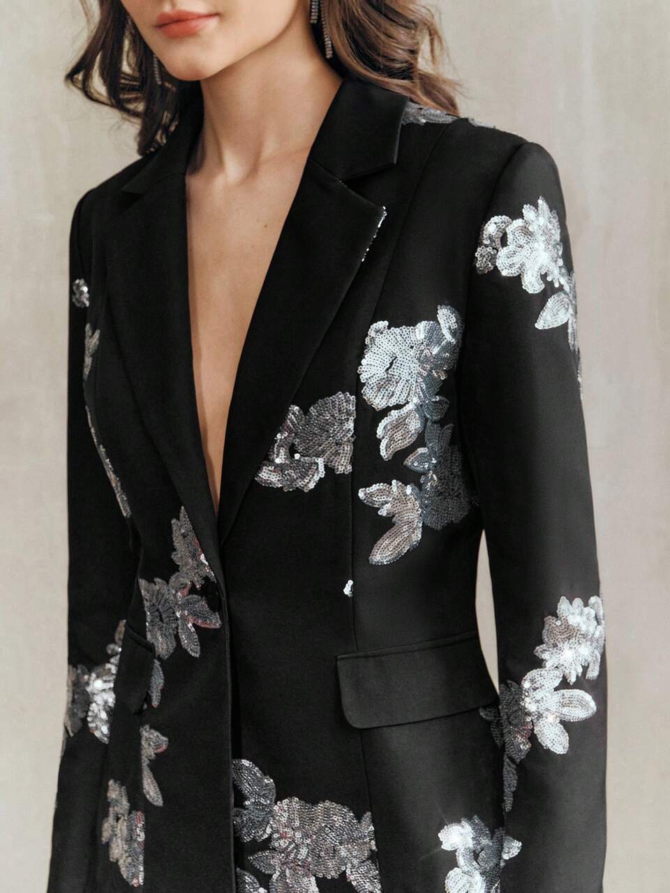 Women's Embroidered Sequin Floral Elegant Fitted Long Sleeve Blazer And Skirt Set,Black And Silver,Summer,Holiday Dinner,Formal Party Chic Work Dress