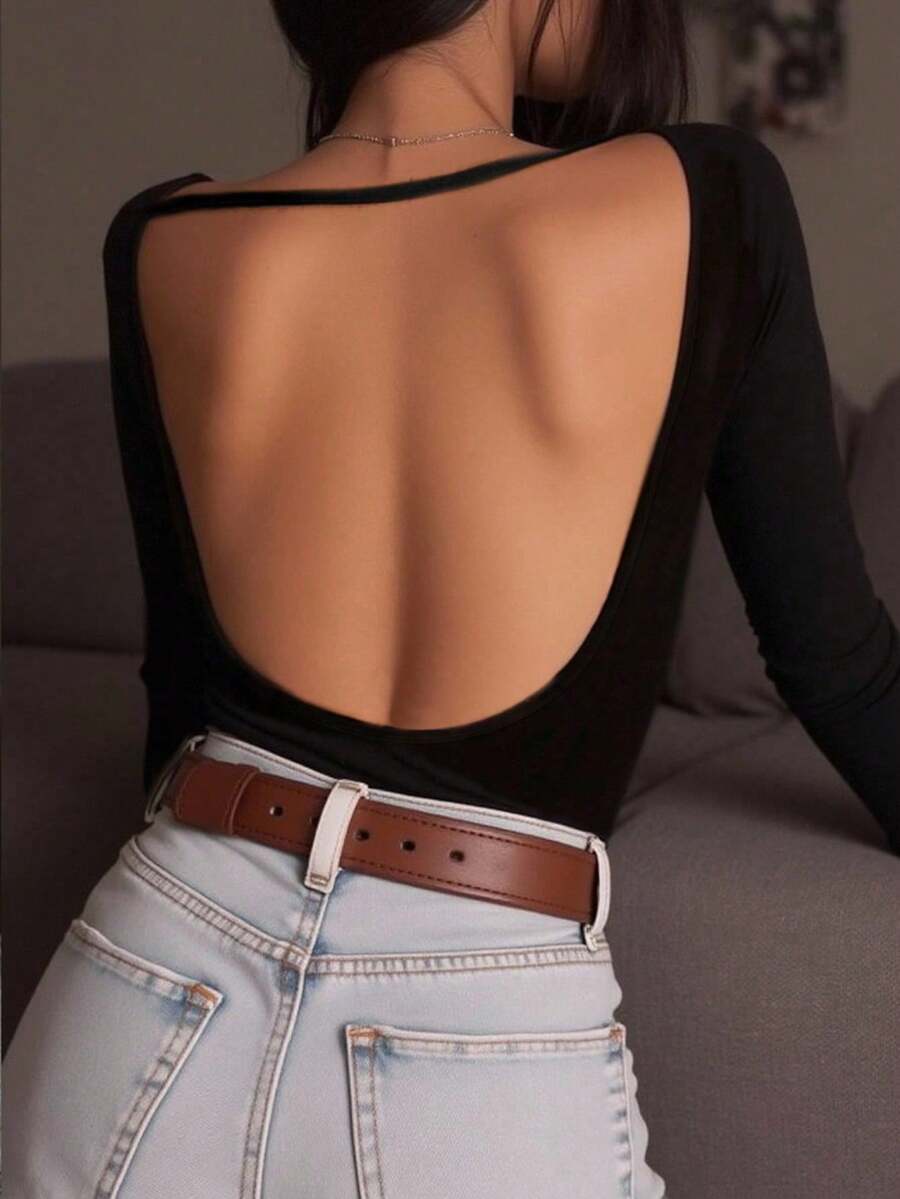 INAWLY Women's Solid Color Crew Neck Sexy Long Sleeve T-Shirt, Backless Top Fall Cloth For Women - Black - View 1