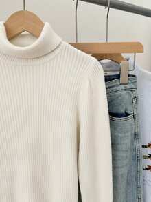 SHEIN Camiseta de manga larga con cuello de tortuga y mangas farol, de tela acanalada texturizada blanca sólida, para uso diario casual de niñas preadolescentes - Beis - Ver 5