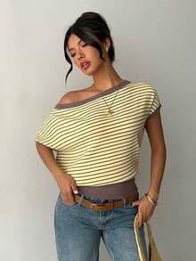 Aloruh 女士休闲日常黄色撞色条纹短袖毛衣，春夏款 - 彩色 - 查看 3