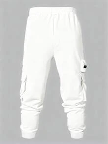 Manfinity Homme Men's Casual Drawstring Waist Flap Pocket Cuffed Jogger Pants, Fashionable For Daily Commute And Street Wear - White - View 2