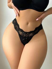 Solid Color Hollow Romantic Lace Splicing Thong - Black - View 2