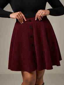 SHEIN Tall CURVE 大码纯色前扣简约A字裙，休闲日常穿着 - 酒紅色 - 查看 3