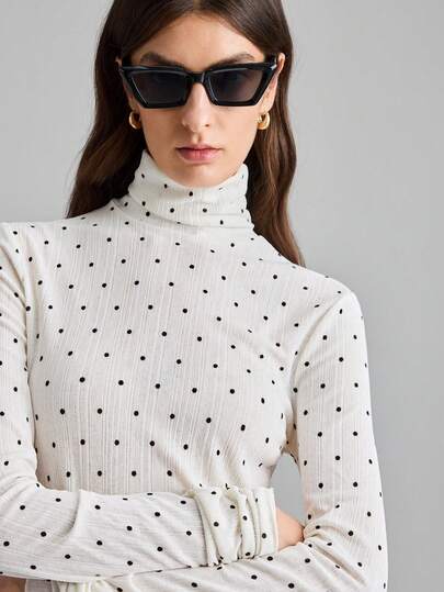 Ontre 2026 Spring/Summer New Solid Color Polka Dot Turtleneck Long Sleeve Mesh Fabric Fitted Top, Versatile For Urban Commute, Business Casual, Elegant For Valentine's Day Party, Wedding Guest Outfit, Basic Outerwear