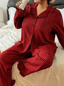 Plus Size Plaid Lapel Pajama Set - Multicolor - View 6