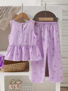 SHEIN Elladie kids 女童蝴蝶结条纹印花上衣和印花休闲裤套装，适合夏季穿着 - 紫丁香色 - 查看 2