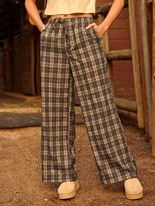 WESTFADE 格纹编织抽绳腰宽松中腰阔腿裤，冬季、波西米亚风、西部风、假日、圣诞节、新年、纳什维尔牛仔风、休闲、可爱 - 棕色 - 查看 5