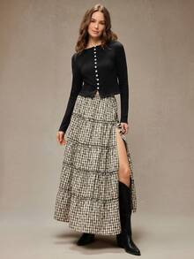 WESTFADE Rib Knit Button Front Long Sleeve Round Neck Fitted Top Winter, Boho, Western Wear, Holiday, Christmas, NYE, New Year, Nashville Cowgirl, Casual, Cute - Black - View 3