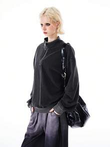 Bloopia Women's Vintage High Neck Zip-Up Sweatshirt, Autumn/Winter - Dark Grey - View 5