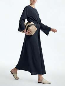 Aalyst Vestido negro de manga acampanada y cuello redondo, corte holgado y largo hasta el tobillo, adecuado para uso diario, bodas, galas, ir al trabajo, fiestas de graduación, vacaciones, citas, fiestas, Halloween, Navidad, Año Nuevo, Acción de Gracias - Negro - Ver 4