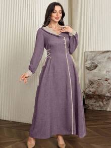 Modelyn 大码优雅撞色滚边抽绳腰中长连衣裙，秋季 - 紫色 - 查看 3