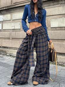Coolane 女士休闲格子腰带阔腿编织裤，秋季款 - 彩色 - 查看 3