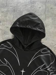 Manfinity NXTstreet 男士休闲印花保暖连帽卫衣，时尚街头风，适合日常通勤，秋冬季 - 黑色 - 查看 4