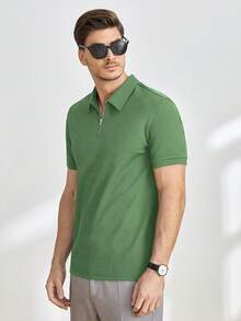 Manfinity VCAY 纯色插肩休闲半拉链领针织短袖 Polo 衫 男士高尔夫球衫 男士 T 领 T 恤 男士 Polo 衫 拉链 Polo 衫 - 綠色 - 查看 5