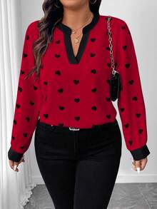Elenzga 大码女式优雅时尚百搭心形印花V领衬衫 - 紅色 - 查看 3