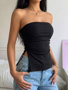 CovetEZ 女士纯色黑色开衩下摆褶饰抹胸式抹胸 - 日常休闲