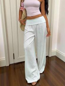 SHEIN EZwear Quần ống rộng cạp thấp trơn đơn giản cho nữ - trắng - Xem 6