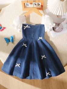 Tween Girls' Summer Casual Fashionable Dress, White Textured Bow Decor, Puff Sleeves, Denim Patchwork, Suitable For Summer Back To School, Sweet & Lovely Lady-Like Daily, Vacation, Travel, Photo Shoot Fall Winter - Multicolor - View 7