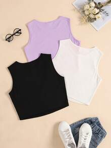 Set de 3 camisetas de tirantes con gráficos de corazón y estrella, estilo minimalista casual para adolescentes, adecuado para el verano - Multicolor - Ver 2