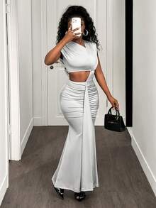 BamGleam Solid Color Pleated Splice Off-Shoulder Fitted Crop Waist High Slit Elegant Sexy Dress For Women - Silver - View 1
