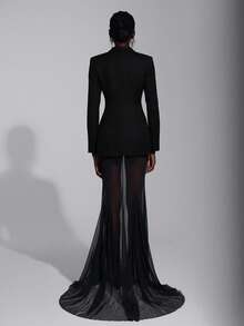 Elitara 优雅、浪漫、性感、简约、浅粉色、西装式廓形、鱼尾下摆、拖地、时尚、网红、假日、度假、生日派对、婚礼、正式晚宴礼服