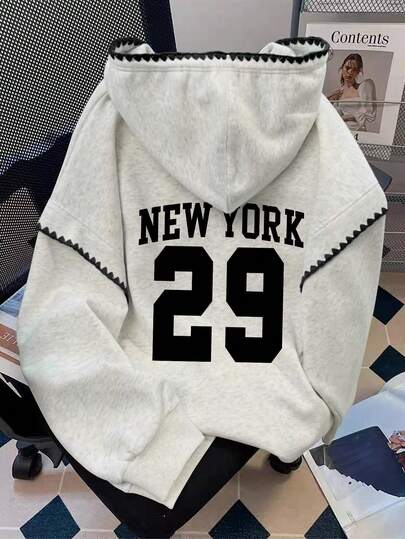 Resyla Women's Sweatshirts/"NewYork Letter Print Pattern/Casual Simple And Fashionable Sweatshirts/Fashionable Tops/Fun Sweatshirts/Loose Fit Round Neck Long-Sleeved Sweatshirts Suitable For Autumn And Winter/Women's Spring Pullovers, Women's Lace Hooded Sweatshirts, Long-Sleeved Tops, Back-To-School Autumn And Winter Clothing Hoodies