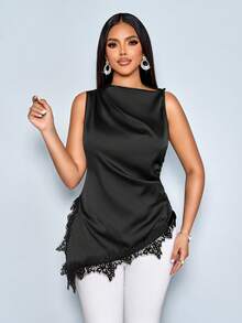 SOLERSUN 女士简约优雅高领黑色蕾丝边拼接不对称下摆无袖时尚缎面衬衫 - 黑色 - 查看 5