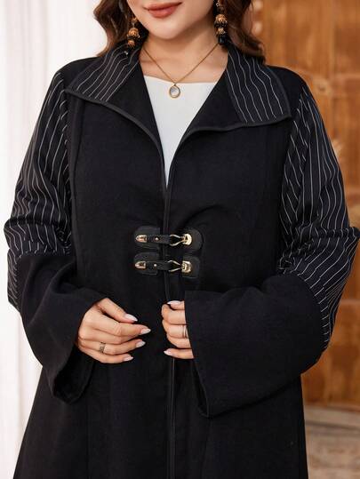 Al Najma 大码休闲条纹拼接长袖宽松阿巴雅长袍，春秋季