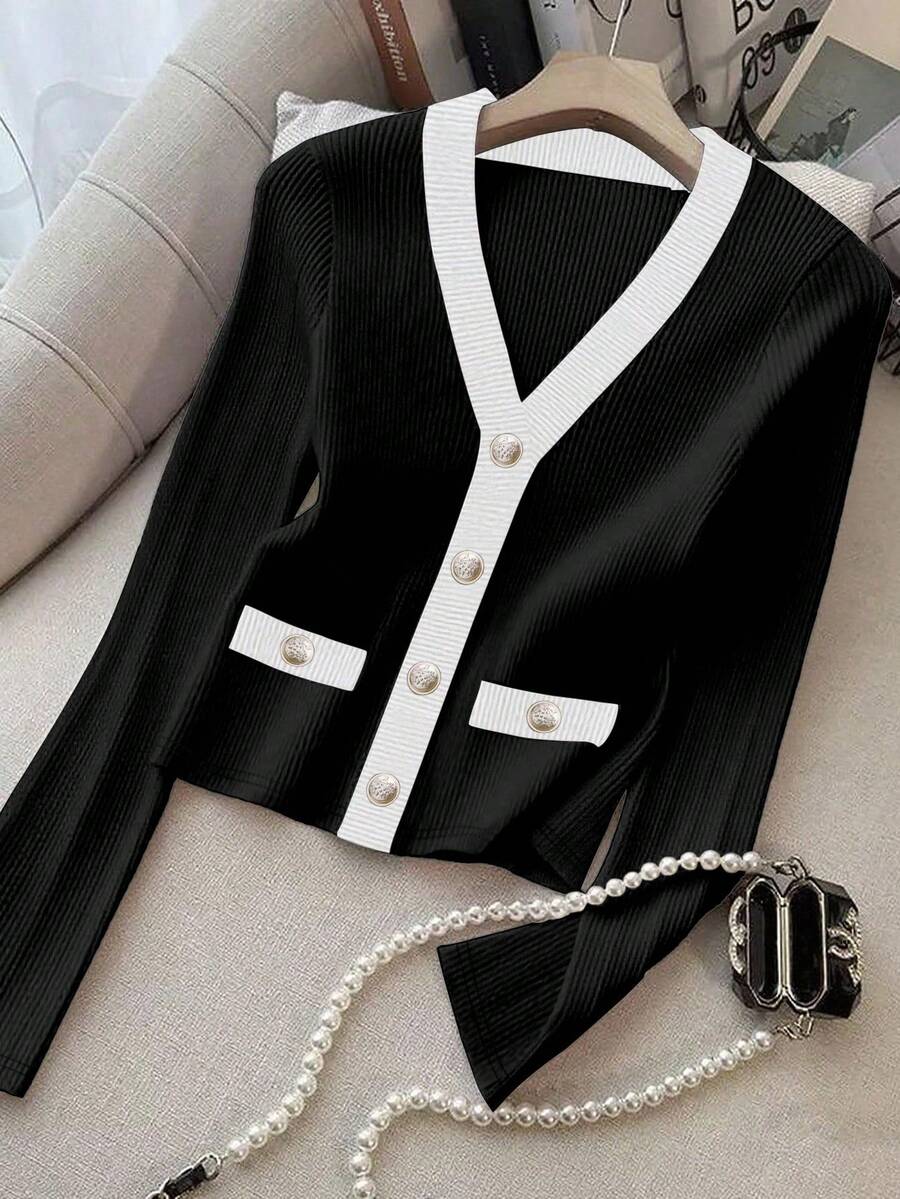 Franclia Women's Contrast Color Button V-Neck Long Sleeve Elegant T-Shirt - Black and White - View 1
