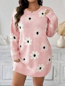 EMERY ROSE Váy dệt kim cổ tròn tay dài họa tiết hoa jacquard cỡ lớn dành cho nữ - Hồng - Xem 4