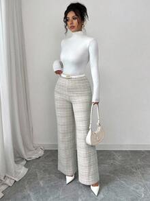 Elenzga Knitted Elastic Argyle Casual Women's Pants, High-Waisted Slim Fit Straight Leg Trousers, Autumn New Arrival