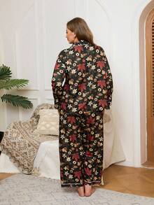 Leaf Print Open Front Lapel Long Sleeve & Pants Pajama Set, Plus Size - Multicolor - View 2
