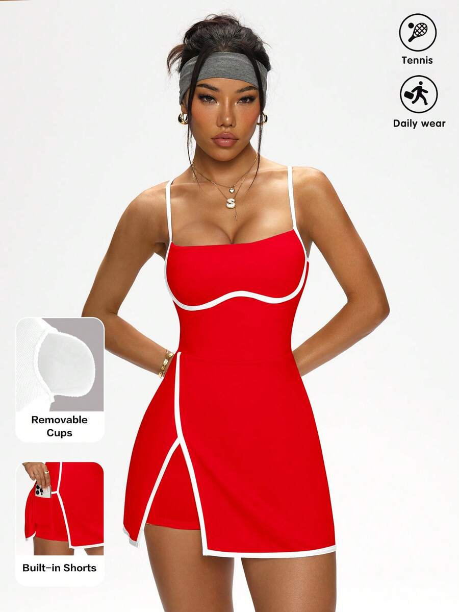 SHEIN Sports 女士撞色滚边修身不对称下摆吊带连衣裙 - 紅色 - 查看 1