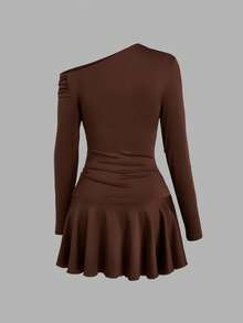 Sweetra Plus Size Solid Color Asymmetric Collar Long Sleeve Waist Cinched Dress - Brown - View 2