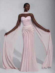 Elitara Women's Elegant Luxurious Deep Red Beaded Embroidered Handmade Drawstring Seashell Collar Slit A-Line Fish Tail Sequin Formal Evening Gown Dress - Baby Pink - View 6