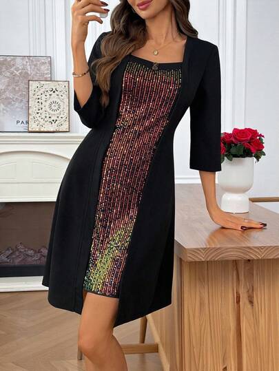 EMERY ROSE Robe mi-longue élégante pour femmes avec patchwork de sequins en forme de cœur au col