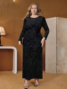 Anewsta Women's Plus Size Black Elegant Velvet Burnout Hollow Out Camisole Dress, Slim Fit High-End Outfit, Suitable For Middle East, Valentine's Day - Black - View 4