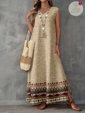 EMERY ROSE Women's V-Neck Print Vintage Pattern Sleeveless Dress,Women's Summer Dresses Spring